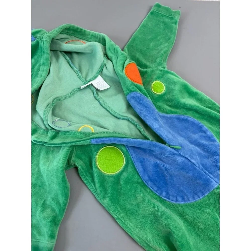 Vintage Parisian Kids baby 12 months green dino sleeper‎ costume hooded zip up